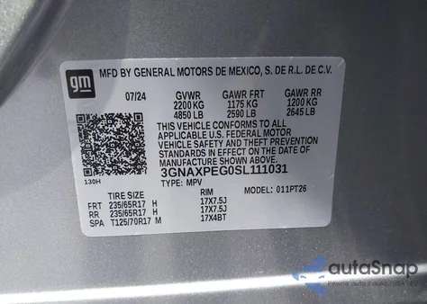 2025 Chevrolet Equinox Awd Lt из США, поврежденный, VIN 3GNAXPEG0SL111031